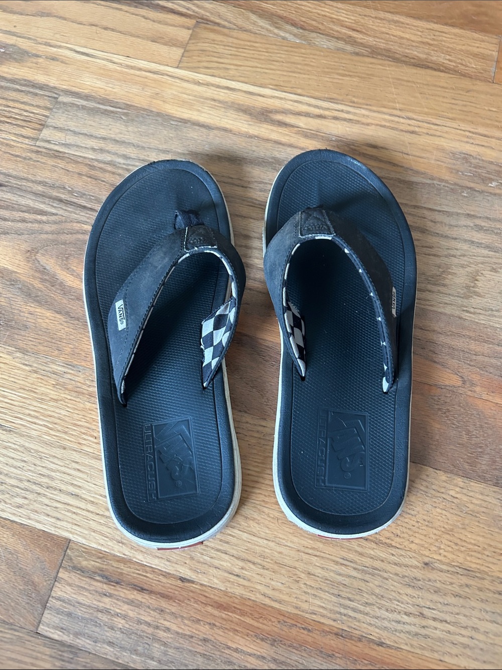 Vans Black Flip-Flops with Checkerboard Strap